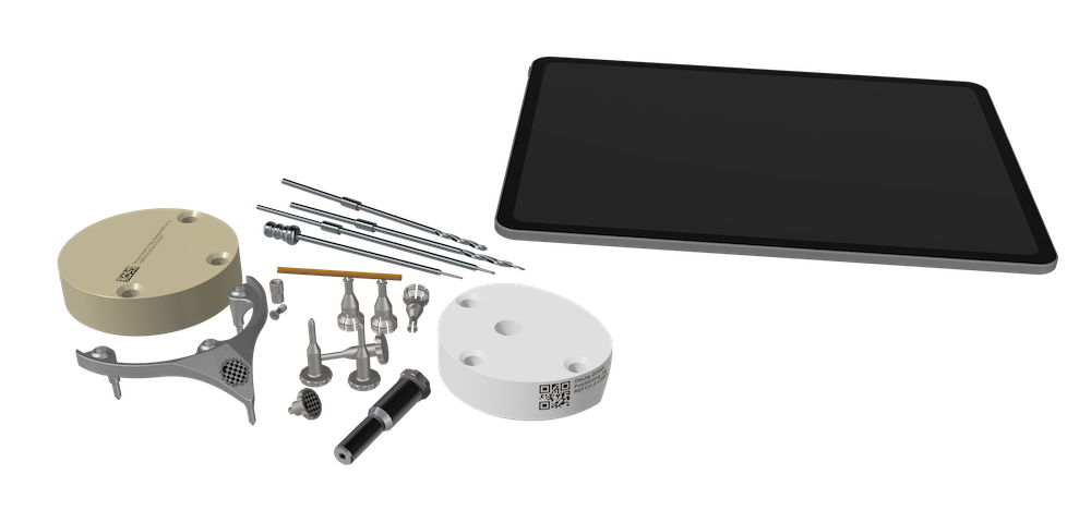 OtoJig set of hardware and an iPad representing the planning software.